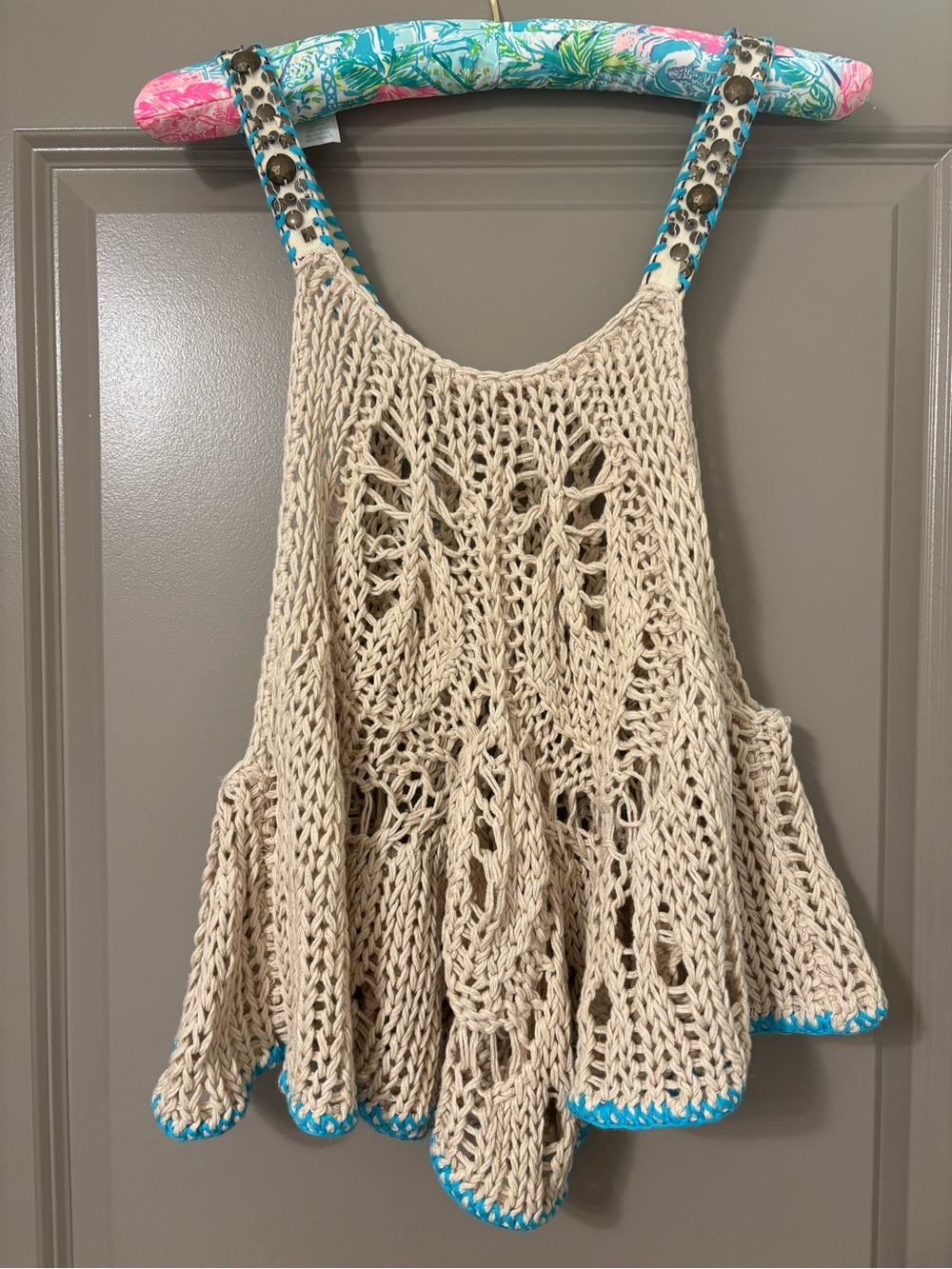 Free People Crochet Open-Knit Tank Top with Turquoise Trim